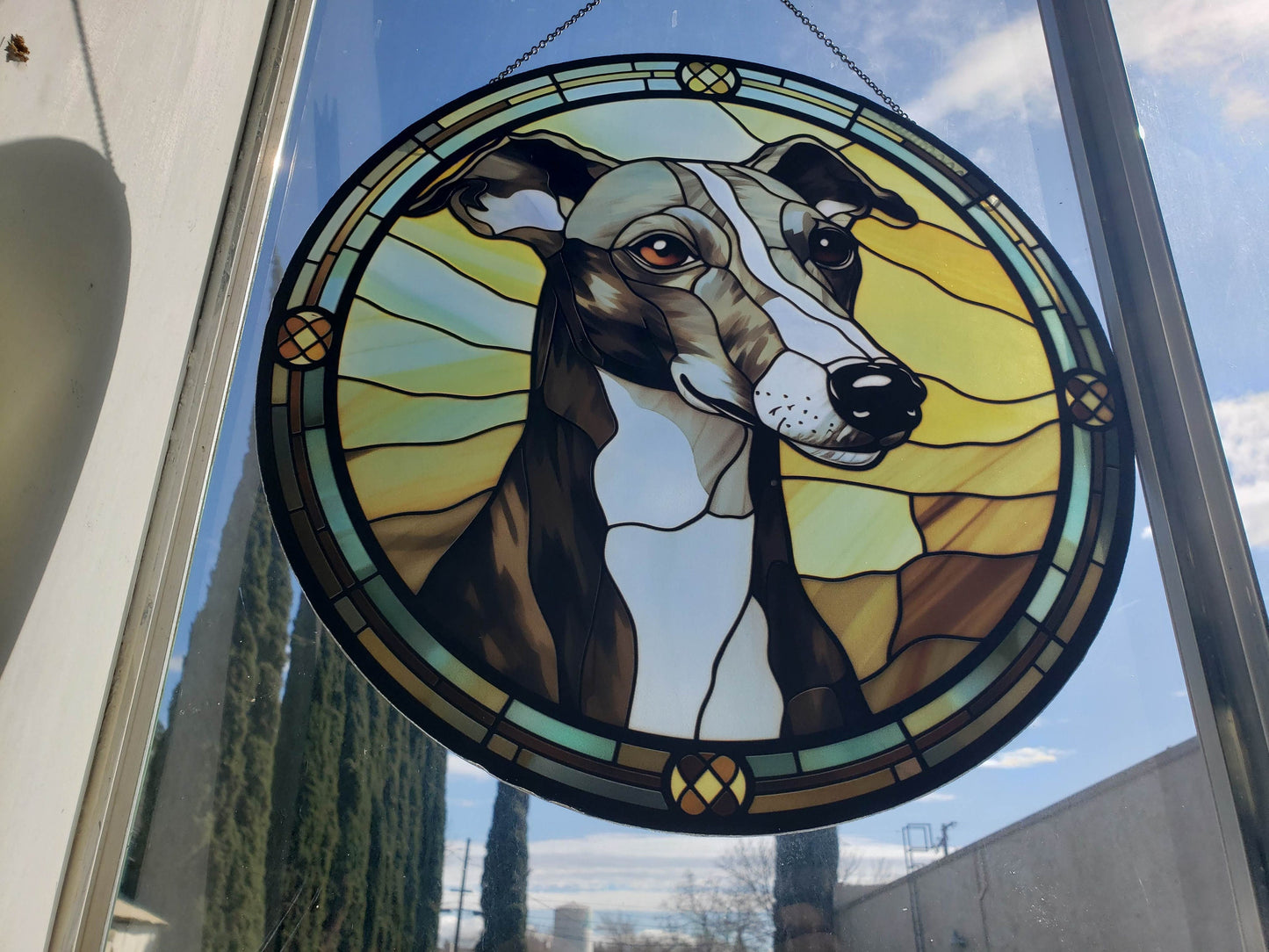 Grey Whippet: Stained Glass Style Window Hanging