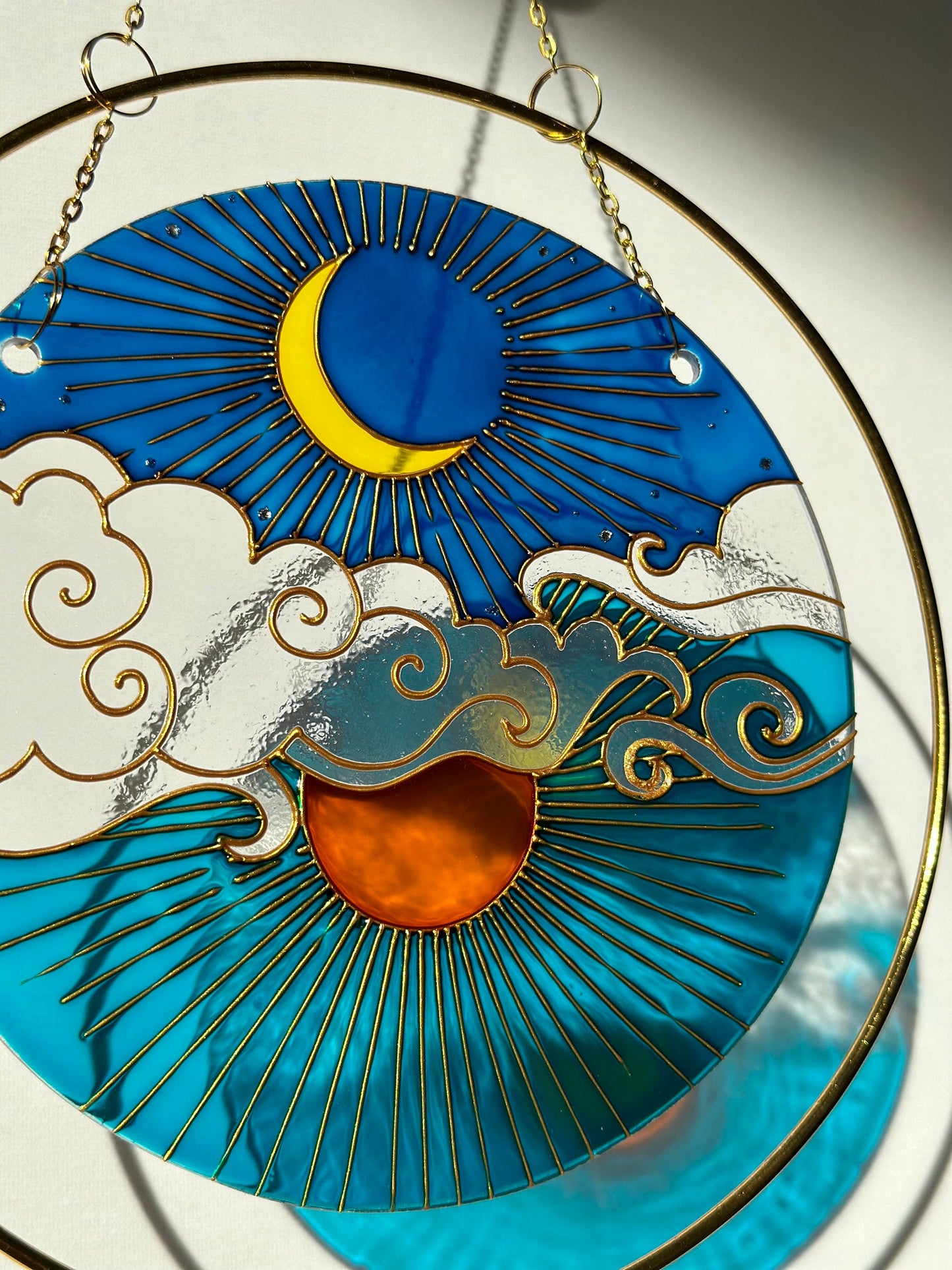 Unique Suncatcher for window Sun Moon Cloud Mothers day gift Aesthetic room decor for every home Stained glass painting