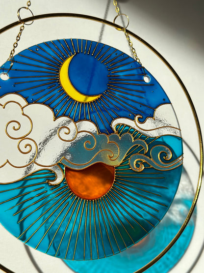 Unique Suncatcher for window Sun Moon Cloud Mothers day gift Aesthetic room decor for every home Stained glass painting