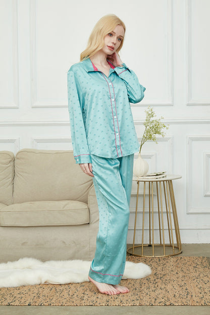 Luxurious Women's Pyjama Set Long Sleeve ,Bride and Bridesmaid Pajama , Gift For Her,Twilight Green With Hearts Print?Could Be Wear Outside