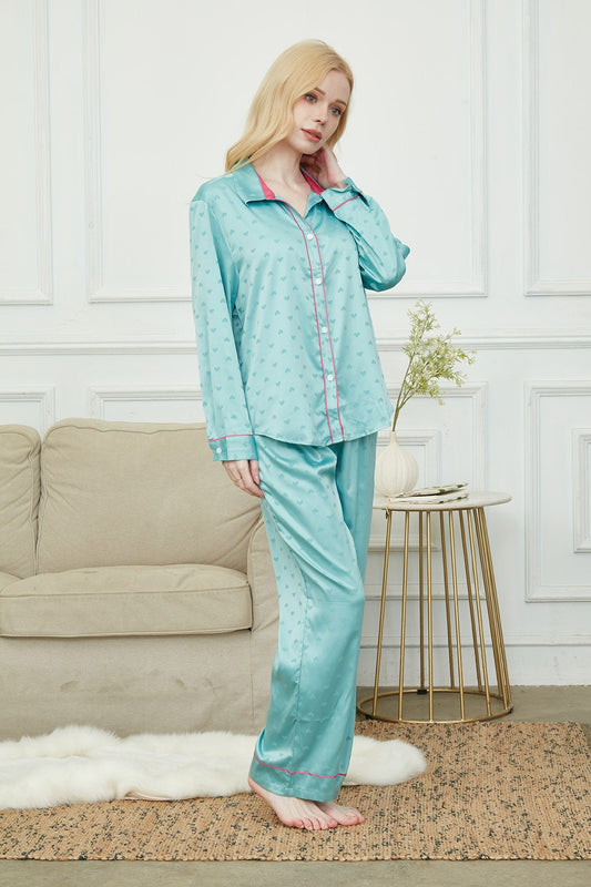 Luxurious Women's Pyjama Set Long Sleeve ,Bride and Bridesmaid Pajama , Gift For Her,Twilight Green With Hearts Print?Could Be Wear Outside