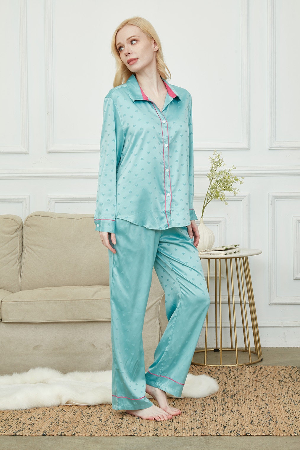 Luxurious Women's Pyjama Set Long Sleeve ,Bride and Bridesmaid Pajama , Gift For Her,Twilight Green With Hearts Print?Could Be Wear Outside
