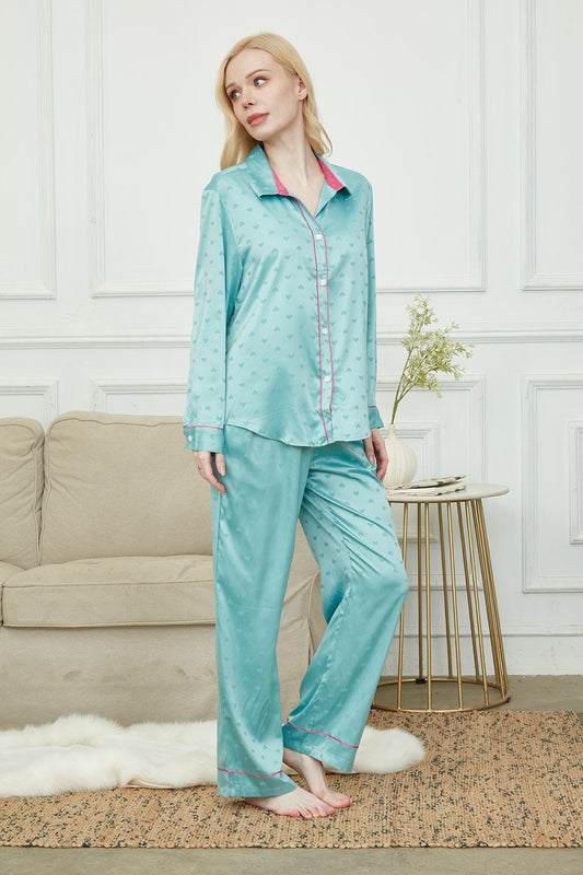 Luxurious Women's Pyjama Set Long Sleeve ,Bride and Bridesmaid Pajama , Gift For Her,Twilight Green With Hearts Print?Could Be Wear Outside
