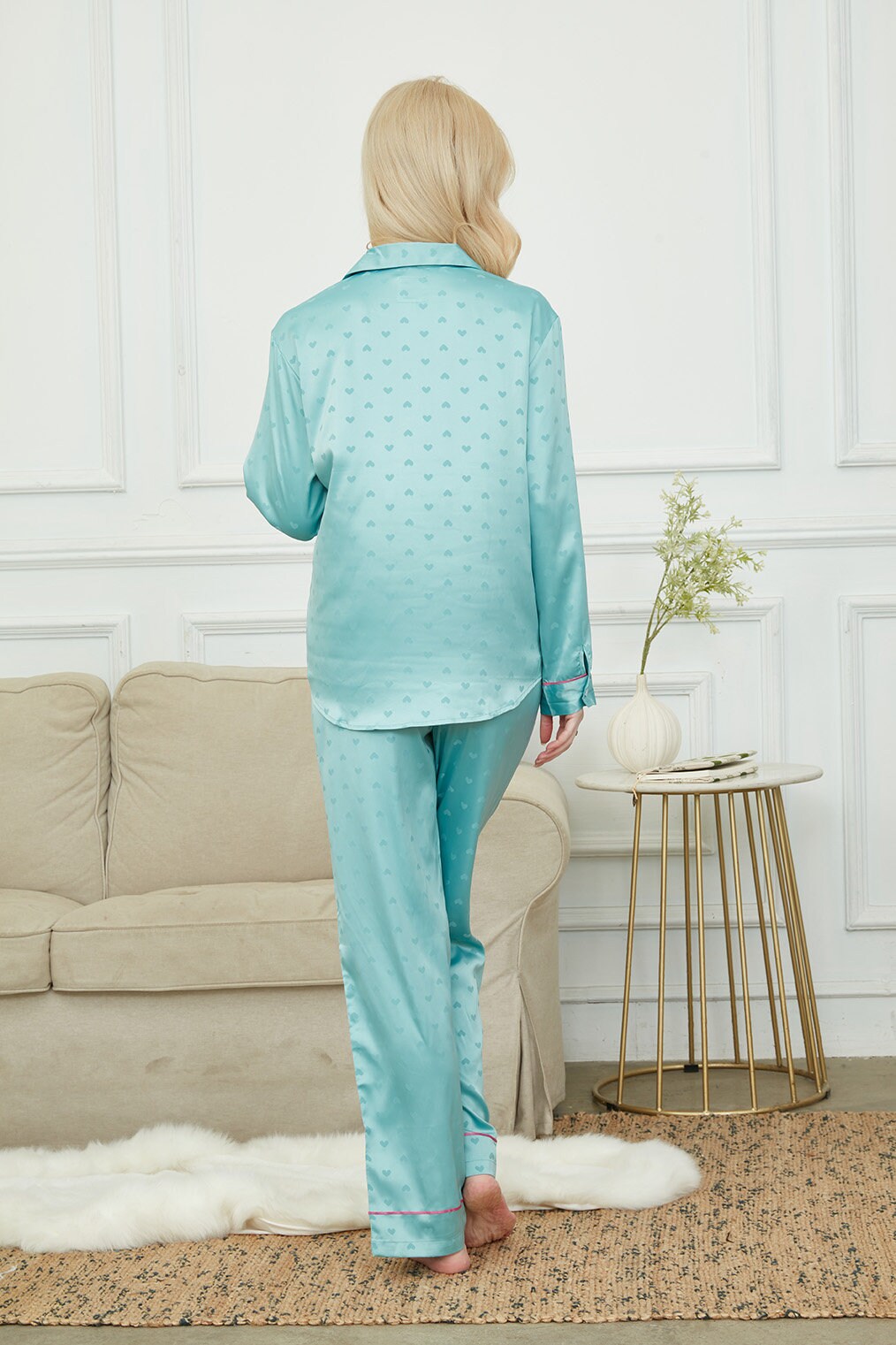 Luxurious Women's Pyjama Set Long Sleeve ,Bride and Bridesmaid Pajama , Gift For Her,Twilight Green With Hearts Print?Could Be Wear Outside