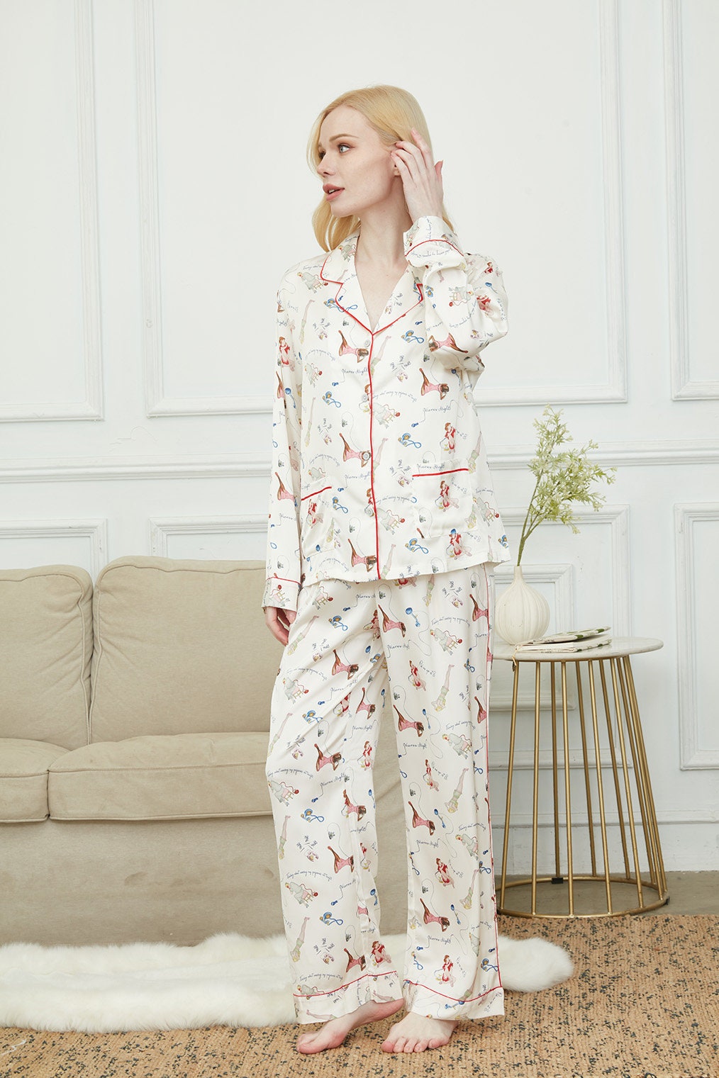 Satin Pajama Set For Women, Bride And Bridesmaids Pajama, Paris Girl Print,Soft Silky Polyester, Gift For Her