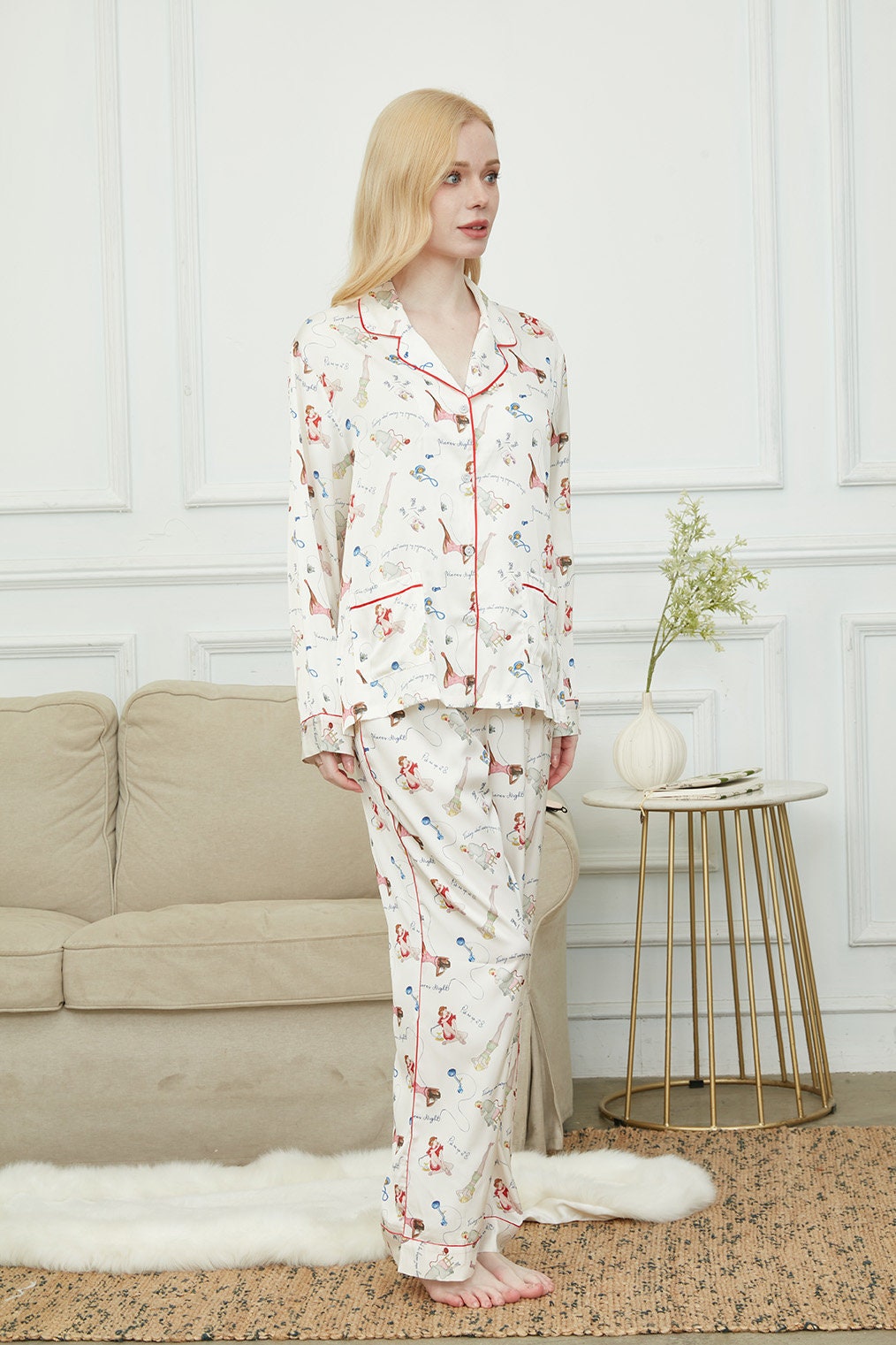 Satin Pajama Set For Women, Bride And Bridesmaids Pajama, Paris Girl Print,Soft Silky Polyester, Gift For Her