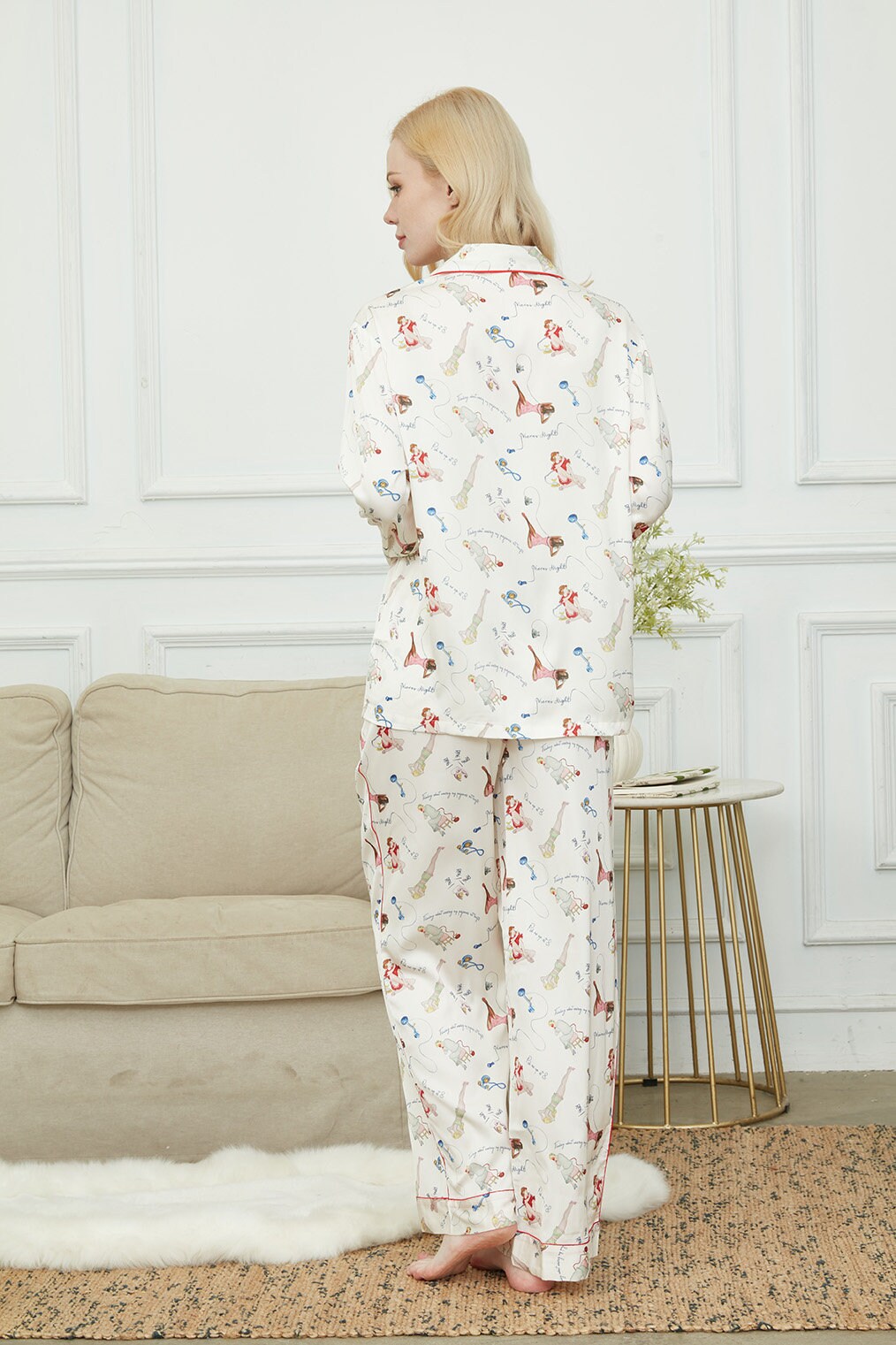 Satin Pajama Set For Women, Bride And Bridesmaids Pajama, Paris Girl Print,Soft Silky Polyester, Gift For Her