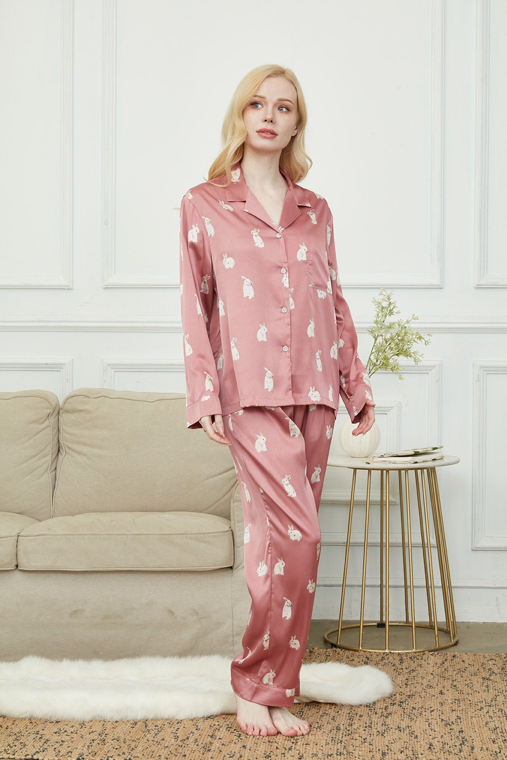 Luxurious Women's Pyjama Set, Long Sleeve Pajamas For Women ,Bride and Bridesmaid Pajama Set, Gift For Her,Cute Rabbit Print