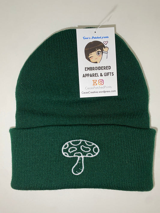 WHITE MUSHROOM Beanie, Mushroom Outline Embroidered Forest Green Beanie, Rave Beanie Hat, Nature Themed Plant Lovers Gift Present Simple
