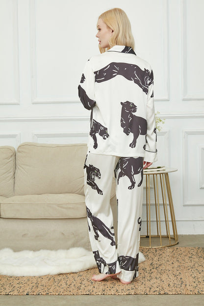 Satin Long Pyjama Set, Bride And Bridesmaids Pajama, Pajama Set For Women , Black Panther Print, Gift For Her,Could Be Wear Outside