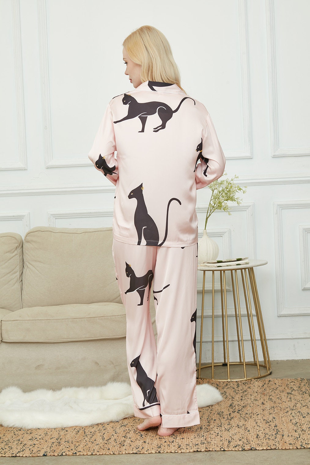 Silky Long Pyjama Set, Bride And Bridesmaids Pajama, Pajama Set For Women , Black Sphinx Print, Gift For Cat persons,Could Be Wear Outside