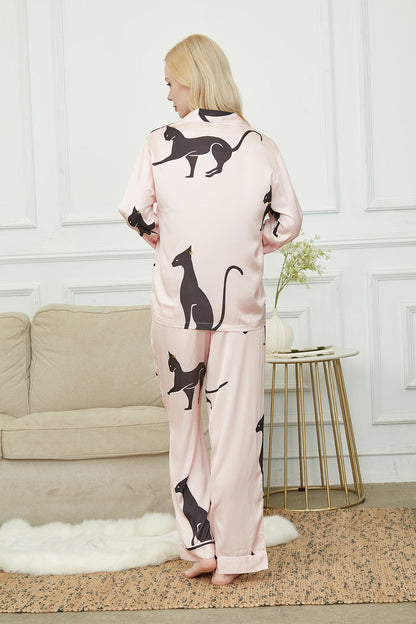 Silky Long Pyjama Set, Bride And Bridesmaids Pajama, Pajama Set For Women , Black Sphinx Print, Gift For Cat persons,Could Be Wear Outside