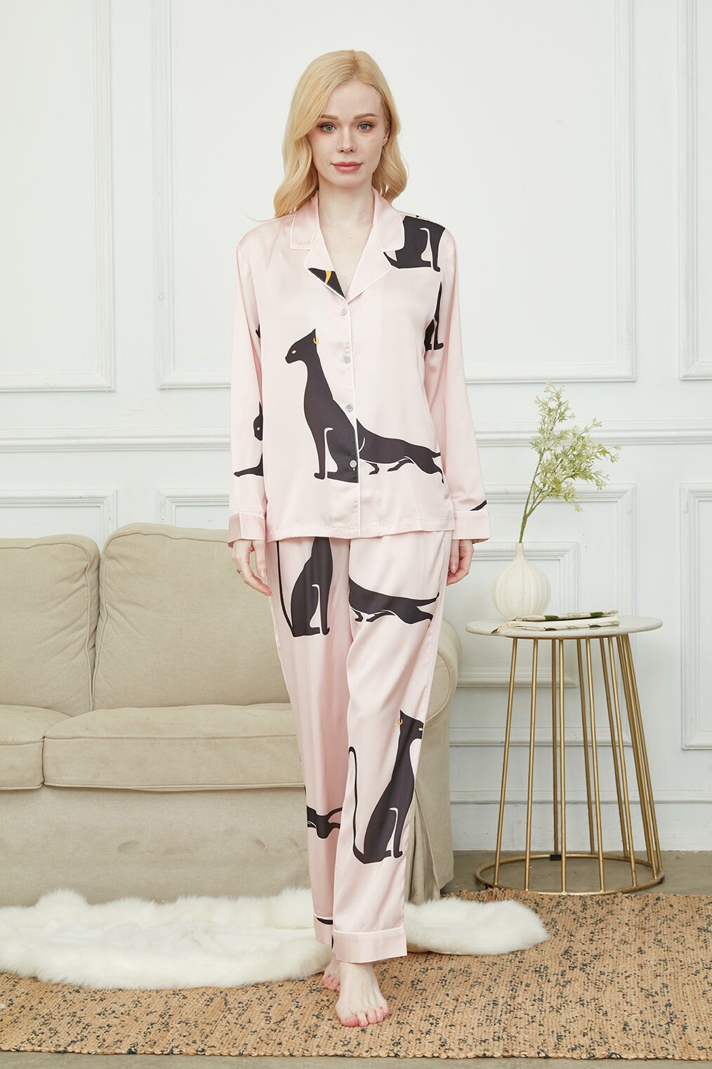 Silky Long Pyjama Set, Bride And Bridesmaids Pajama, Pajama Set For Women , Black Sphinx Print, Gift For Cat persons,Could Be Wear Outside