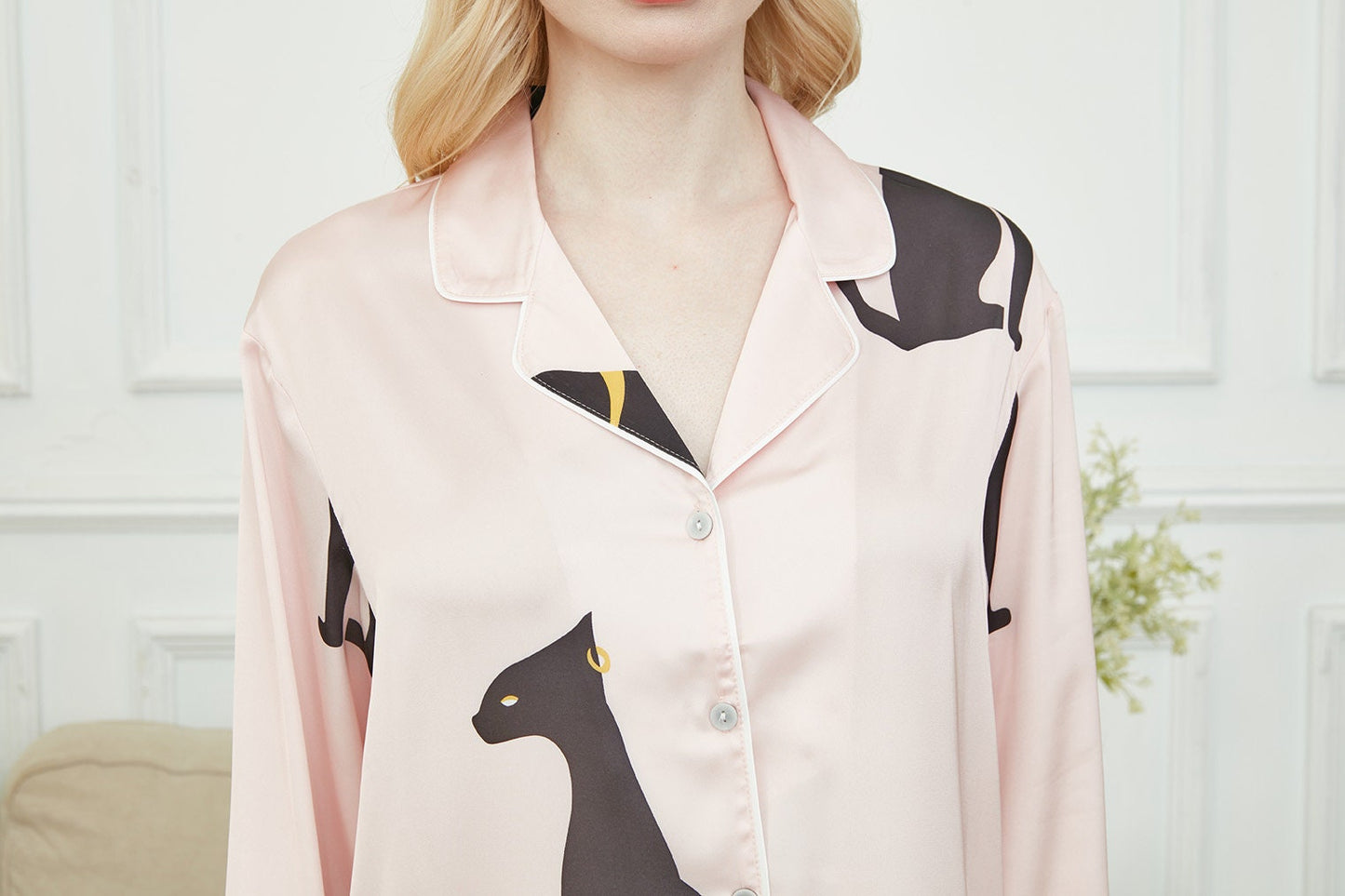 Silky Long Pyjama Set, Bride And Bridesmaids Pajama, Pajama Set For Women , Black Sphinx Print, Gift For Cat persons,Could Be Wear Outside