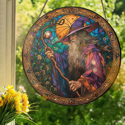 Wizard with Full Moon: Stained Glass Style Window Hanging Made With Real Glass