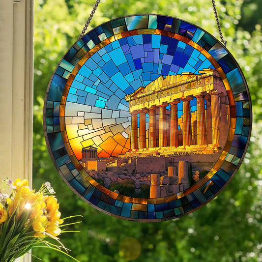 The Acropolis at Sunrise: Stained Glass Style Window Hanging Made With Real Glass