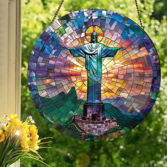 Christ the Redeemer - Rio de Janeiro, Brazil: Stained Glass Style Window Hanging Made With Real Glass