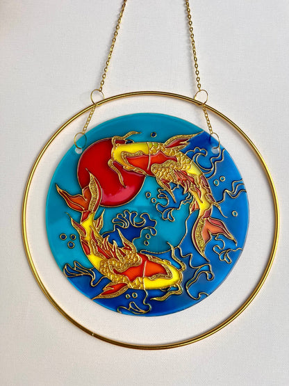 Big Japanese Fish Koi Carp Unique Suncatcher for window Aesthetic room decor for every home Stained glass painting