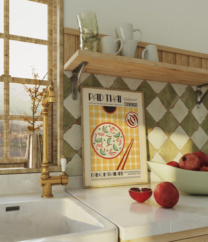 Pad Thai Poster, Kitchen Art, Kitchen Poster, Modern Kitchen Decor, Illustration, Thailand, Food, Chef Print, Bar Art, Retro Wall Art