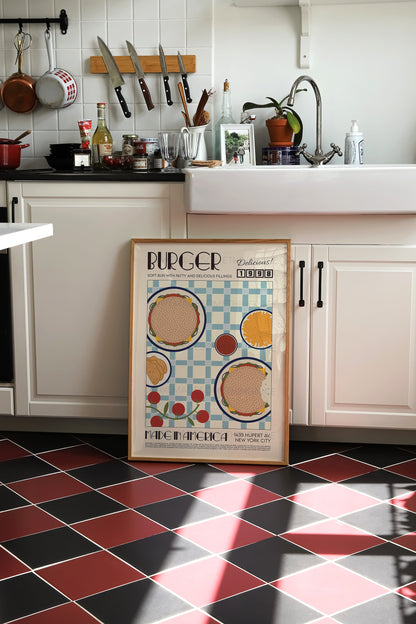 Burger Poster, Kitchen Poster, Kitchen Print, Food Poster, Modern Kitchen Decor, Illustration, America, Kitchen Art, Retro Wall Art