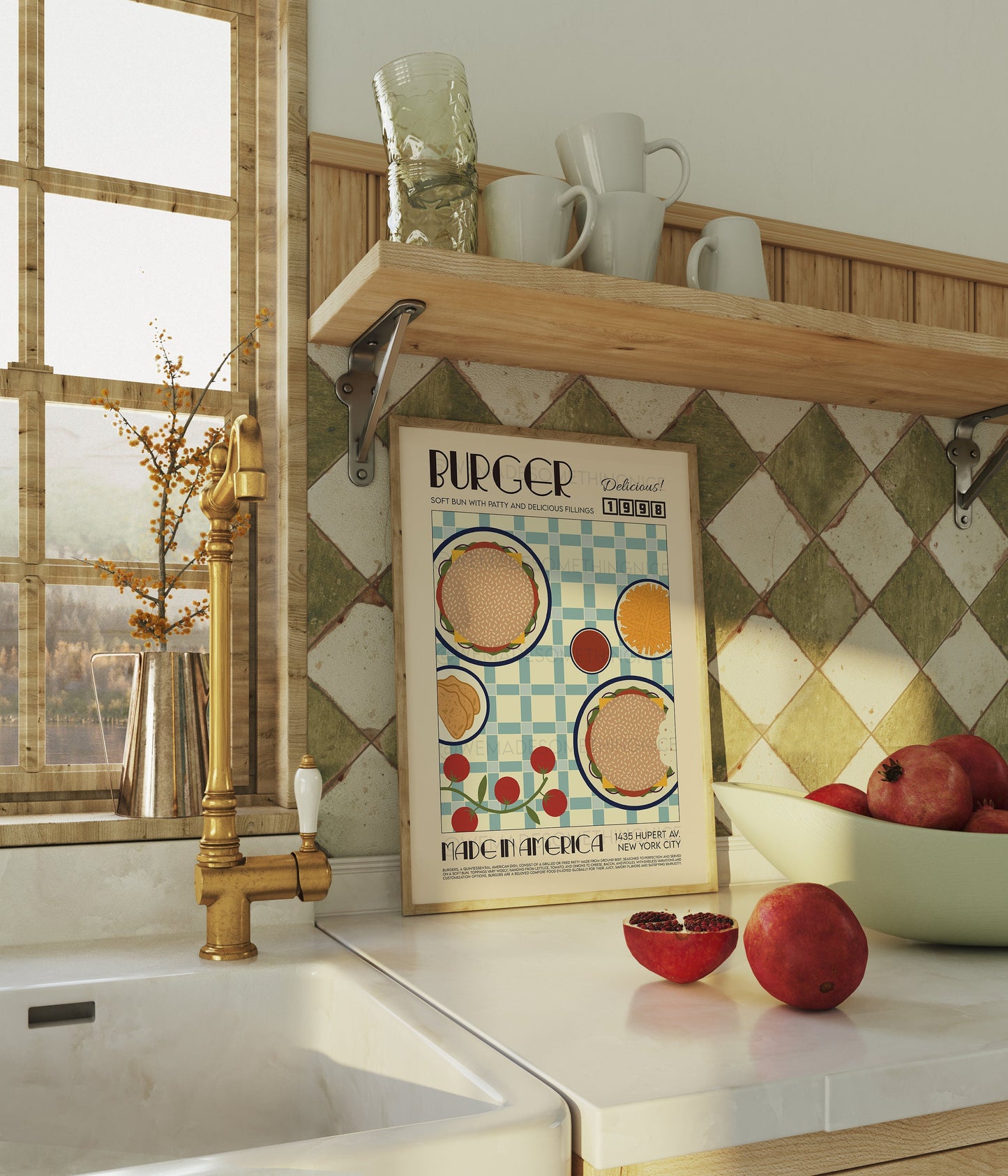 Burger Poster, Kitchen Poster, Kitchen Print, Food Poster, Modern Kitchen Decor, Illustration, America, Kitchen Art, Retro Wall Art