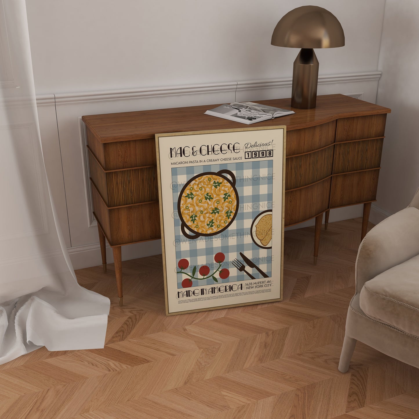 Mac & Cheese Poster, Kitchen Art, Kitchen Poster, Food Poster, Modern Kitchen Decor, Illustration, Pasta, Food, Retro Wall Art