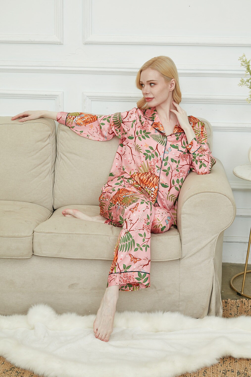 Luxurious Women's Pyjama Set Long Sleeve ,Bride and Bridesmaid Pajama , Gift For Her?Tigers  Print?Could Be Wear Outside
