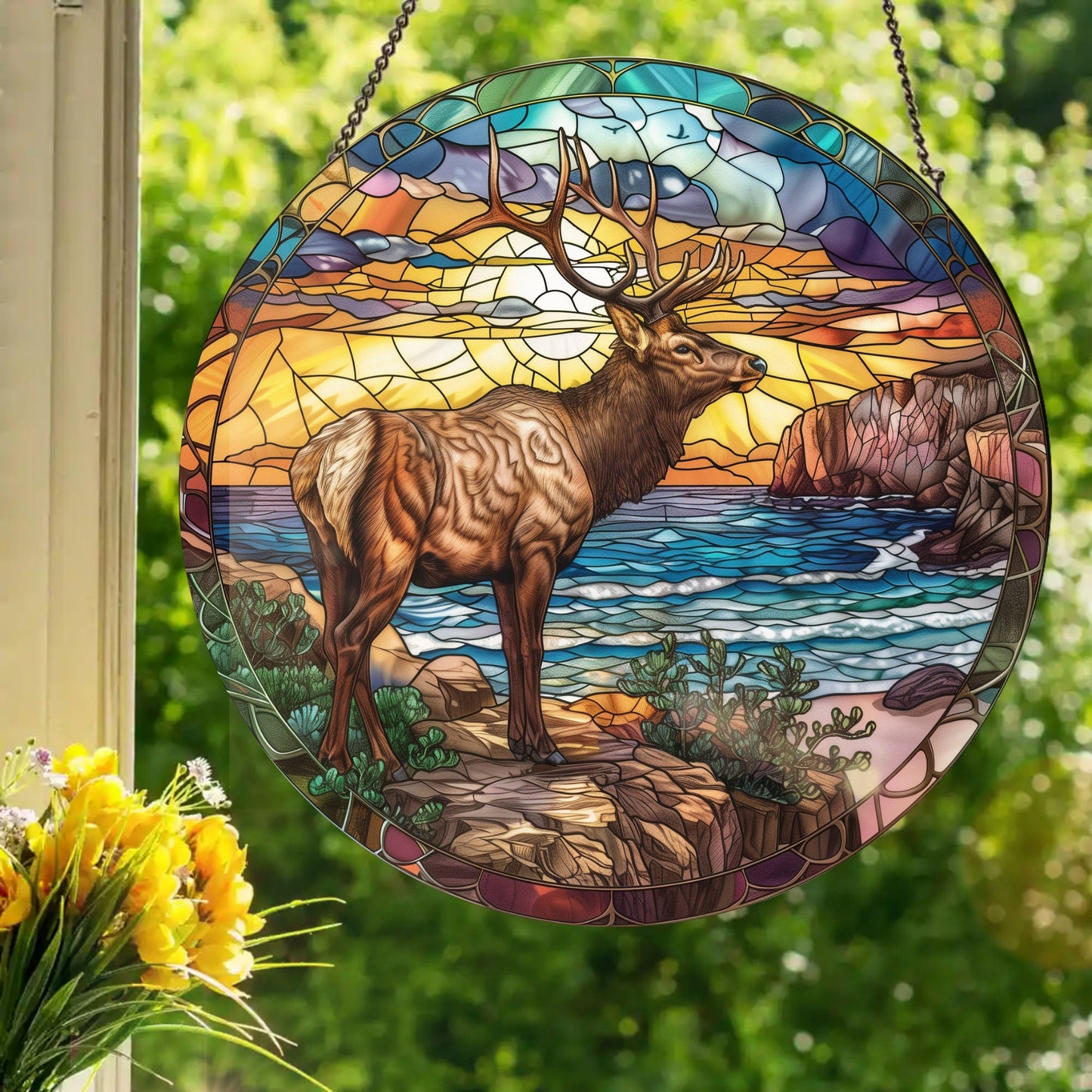 Coastal Elk: Stained Glass Style Window Hanging
