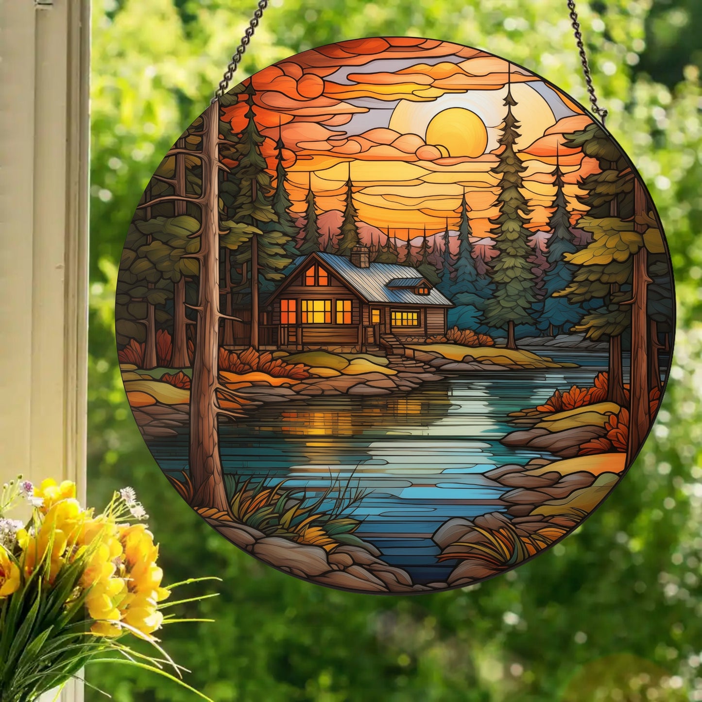 Cabin on The Lake: Stained Glass Style Window Hanging