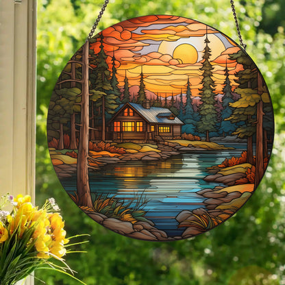 Cabin on The Lake: Stained Glass Style Window Hanging