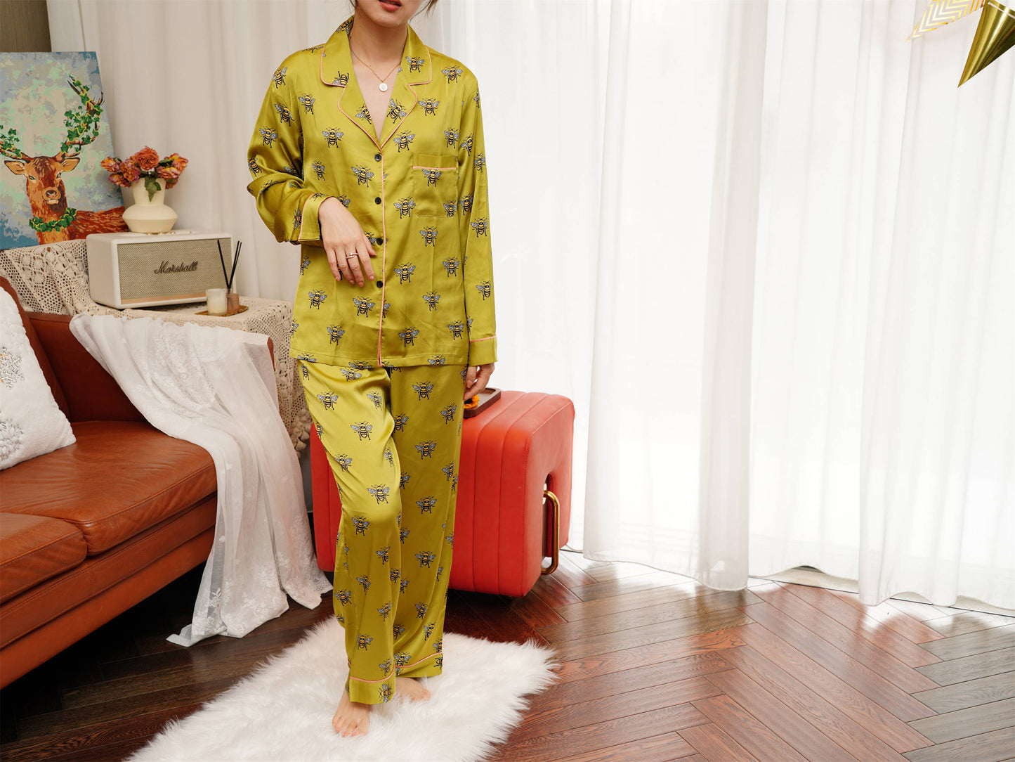 Cute Bee Print Pyjama Set ,Long Sleeves ,Bride and Bridesmaid Pajama , Birthday Gifts For Her?Could Be Wear Outside,