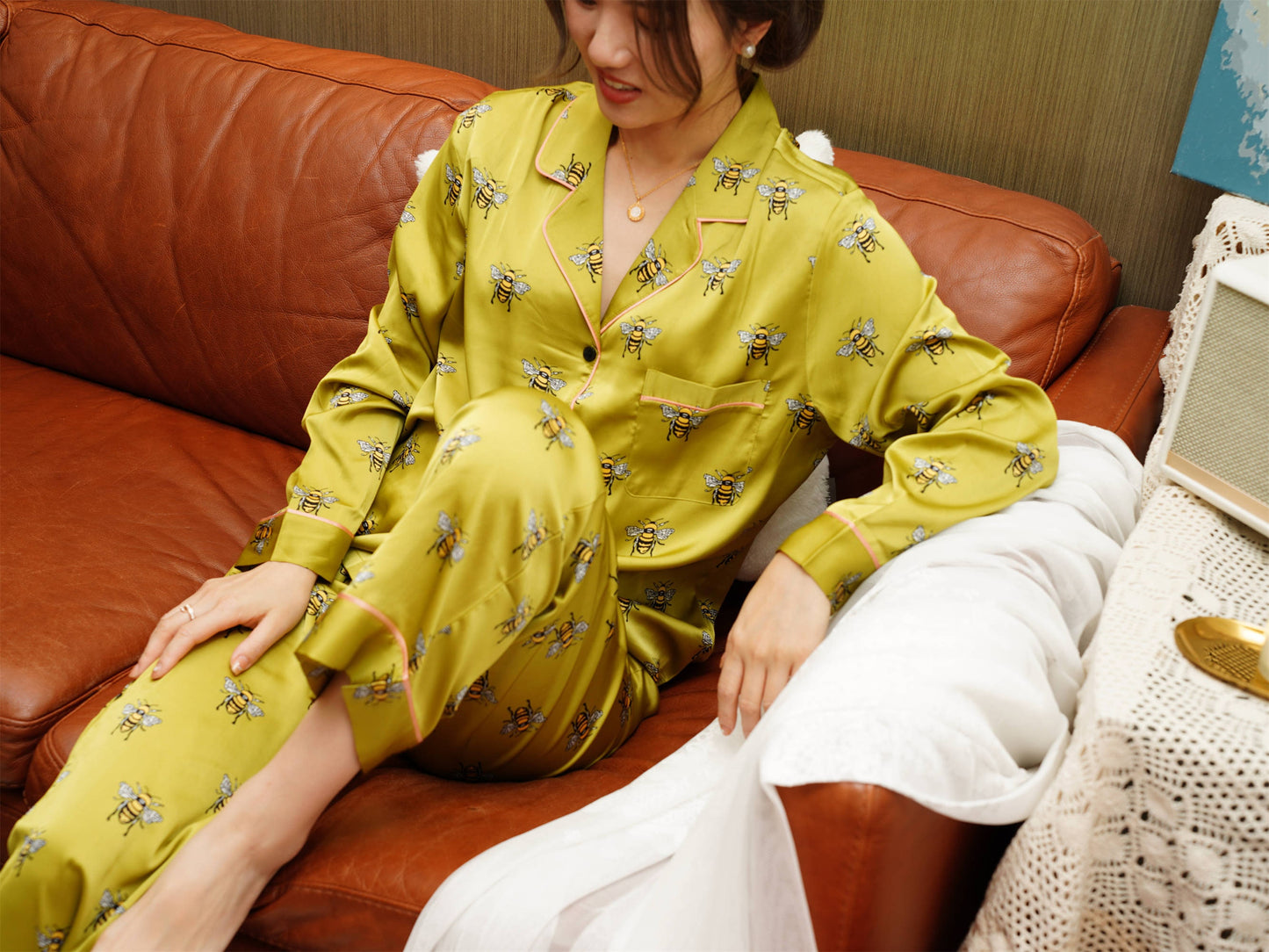 Cute Bee Print Pyjama Set ,Long Sleeves ,Bride and Bridesmaid Pajama , Birthday Gifts For Her?Could Be Wear Outside,