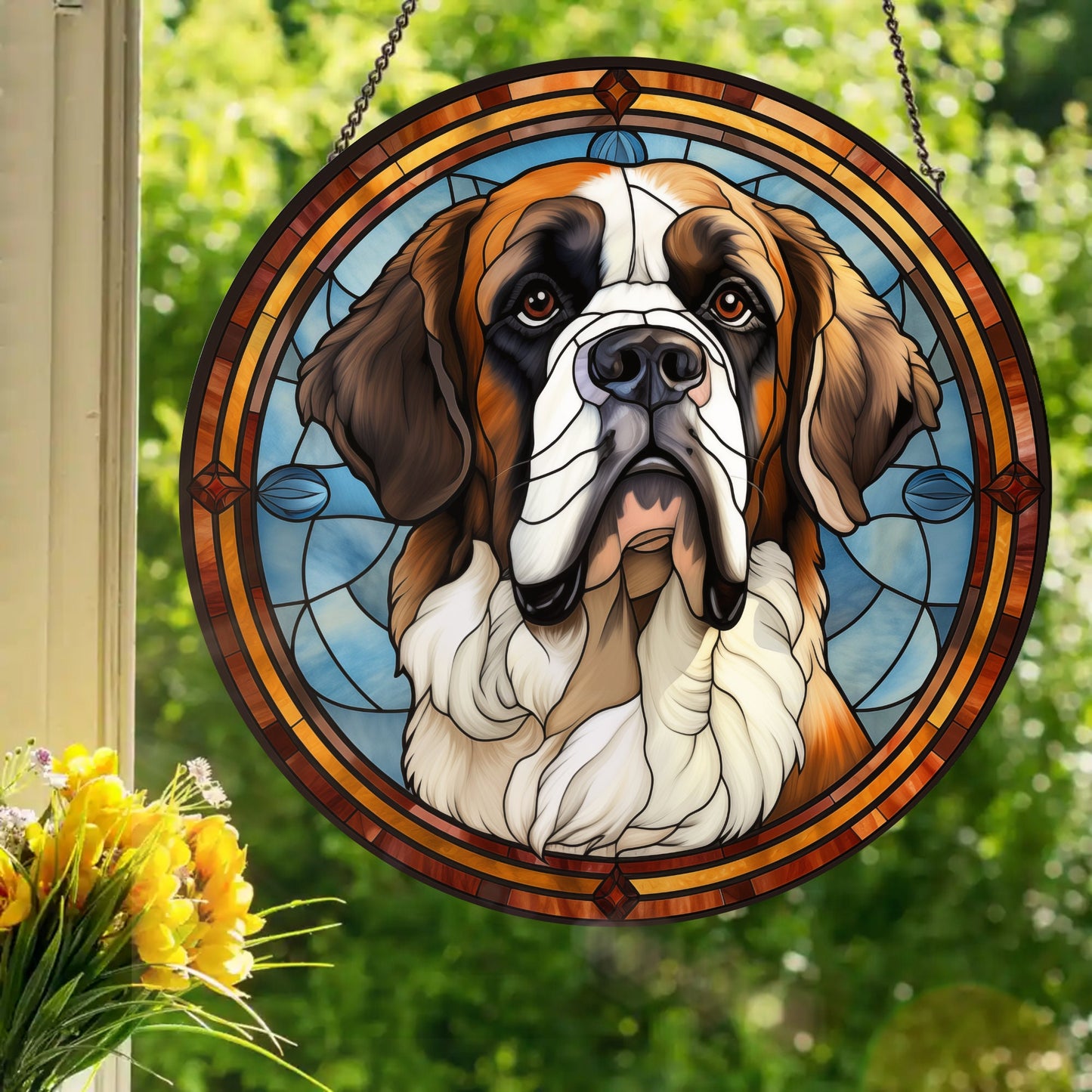 Saint Bernard: Stained Glass Style Window Hanging