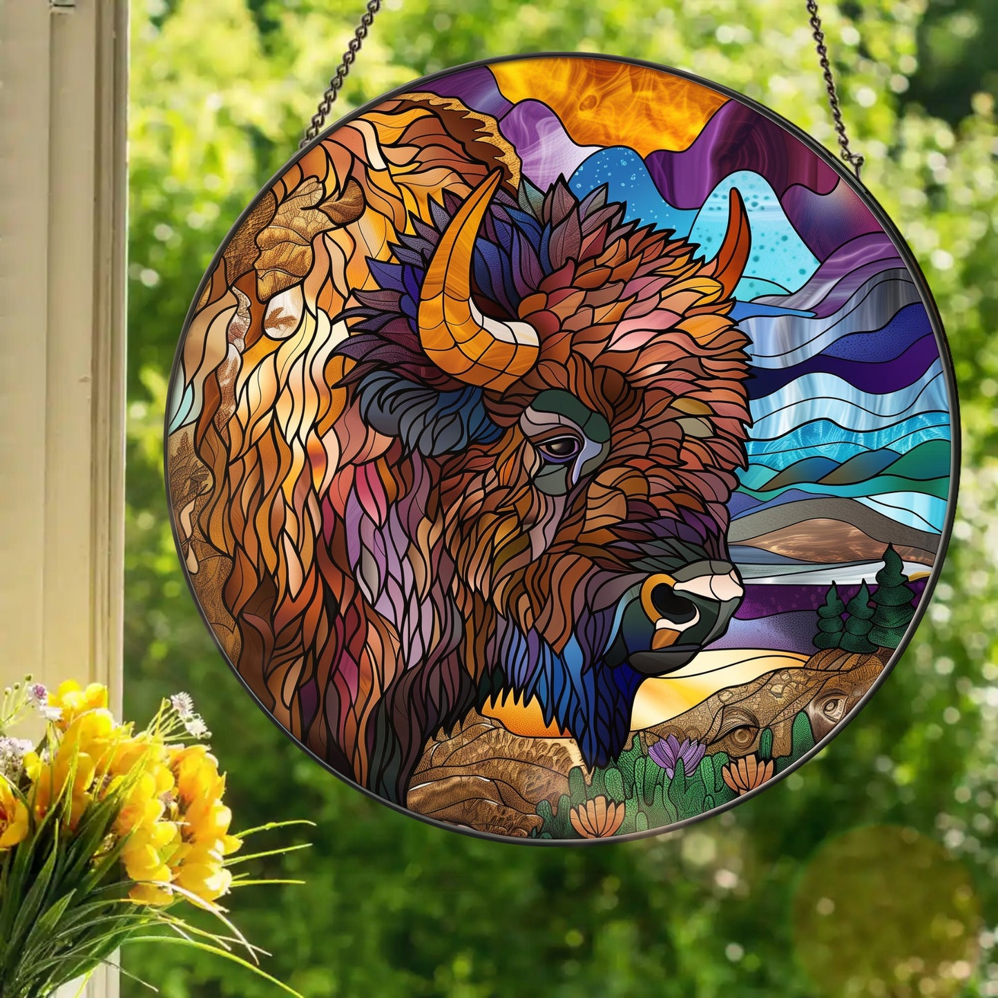 Bison: Stained Glass Style Window Hanging