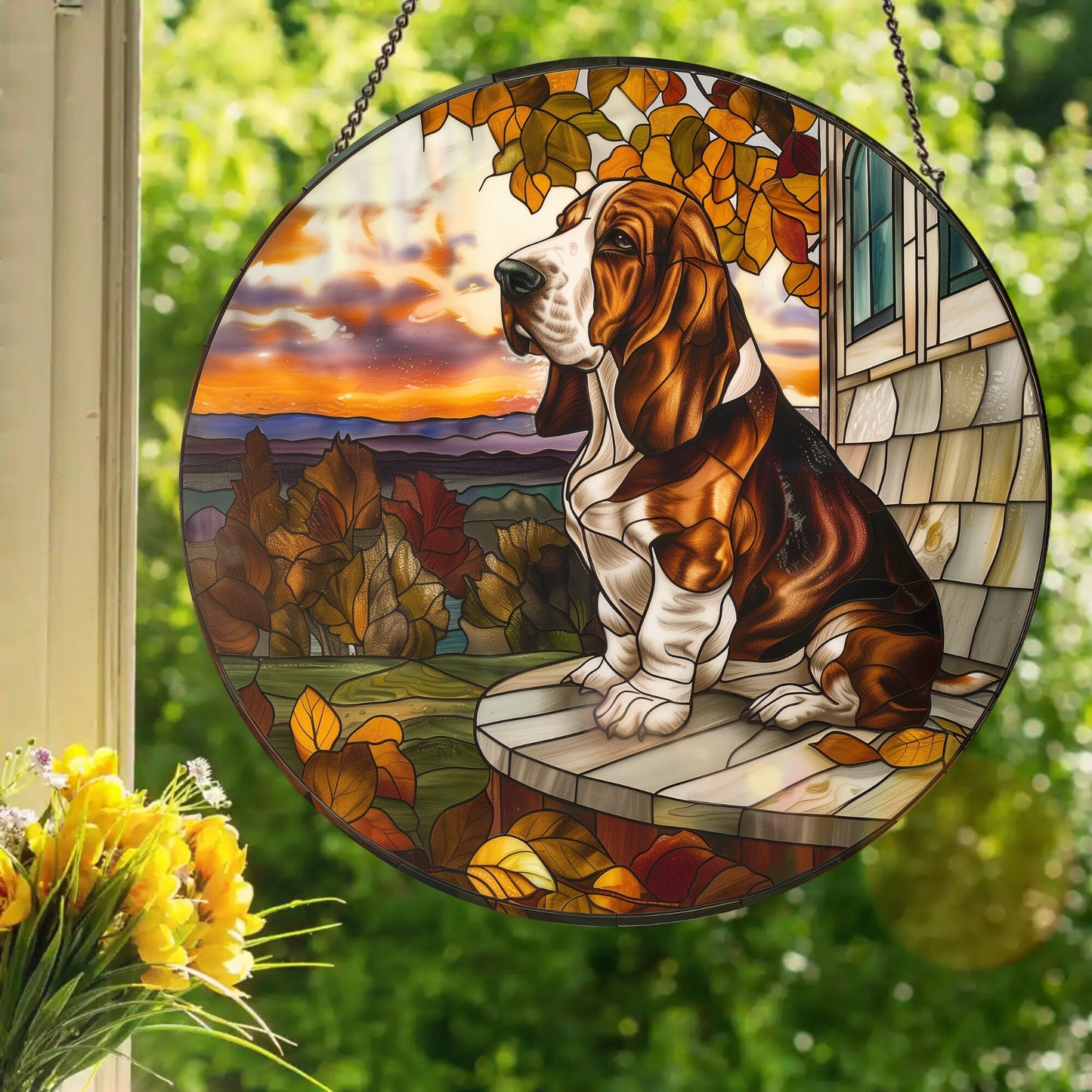 Basset Hound: Stained Glass Style Window Hanging