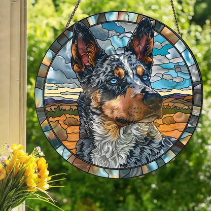 Blue Merle Cattle Dog: Stained Glass Style Window Hanging