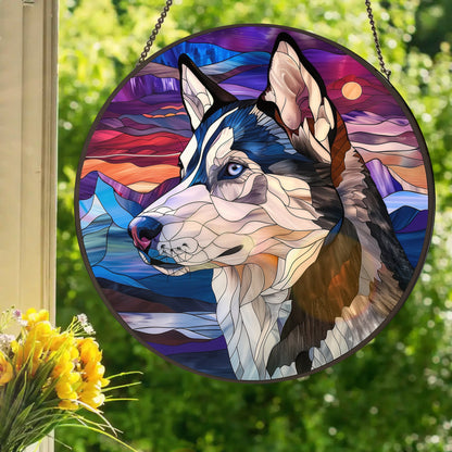 Arctic Sunset Pup: Stained Glass Style Window Hanging