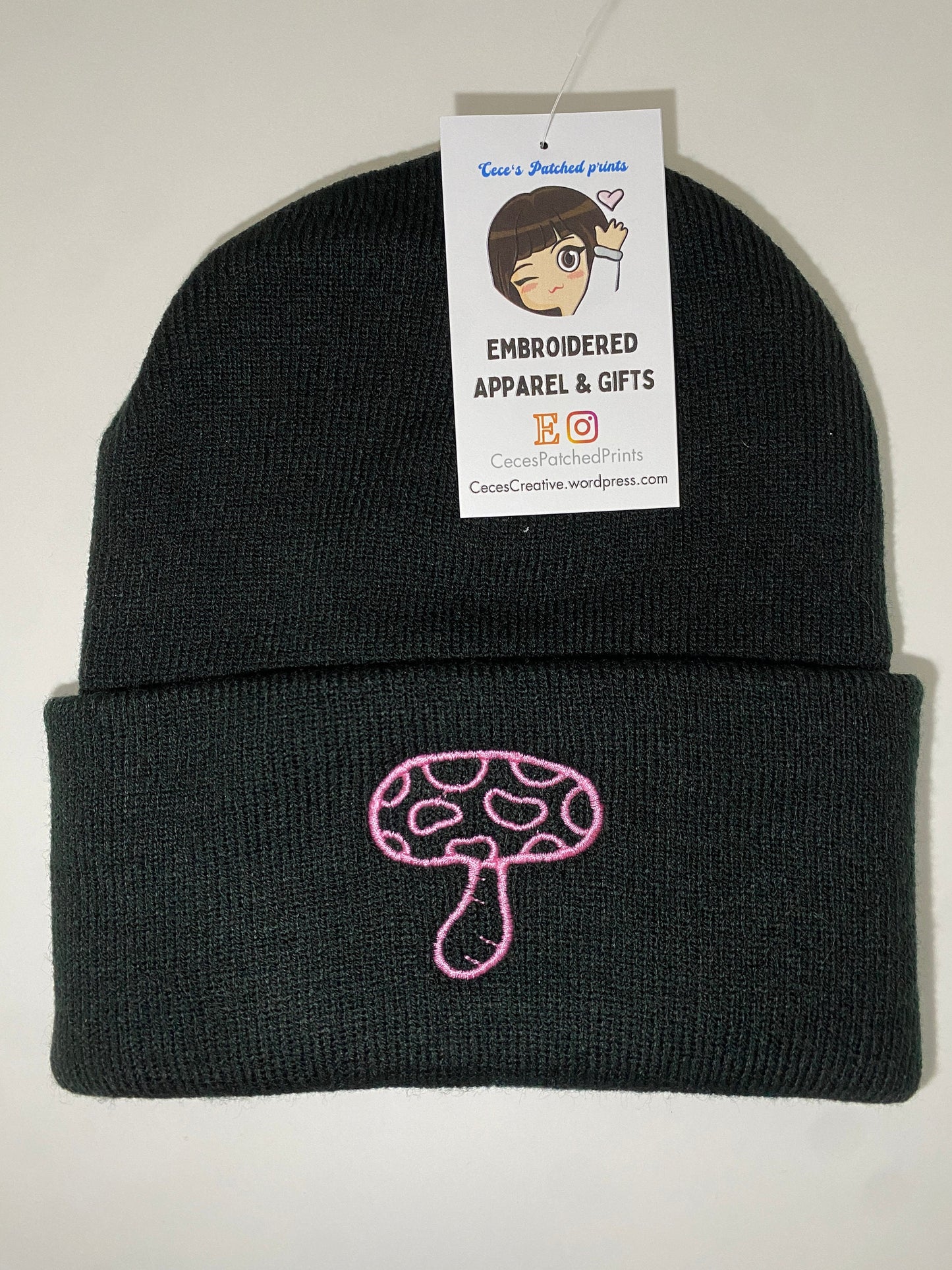Embroidered PINK MUSHROOM Beanie, Hot Pastel Pink Mushroom Outline Beanie, Rave Beanie Hat, Nature Themed Plant Lovers Gift Present Simple