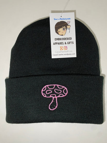 Embroidered PINK MUSHROOM Beanie, Hot Pastel Pink Mushroom Outline Beanie, Rave Beanie Hat, Nature Themed Plant Lovers Gift Present Simple