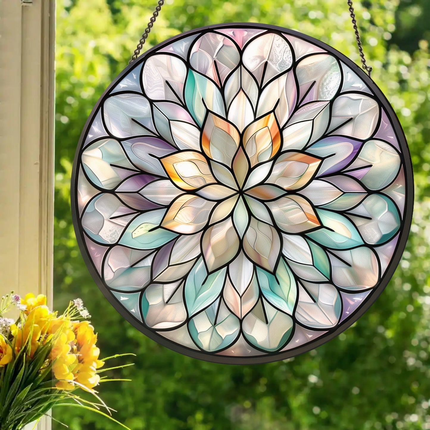 Pearl Mandala: Stained Glass Style Window Hanging Made With Real Glass