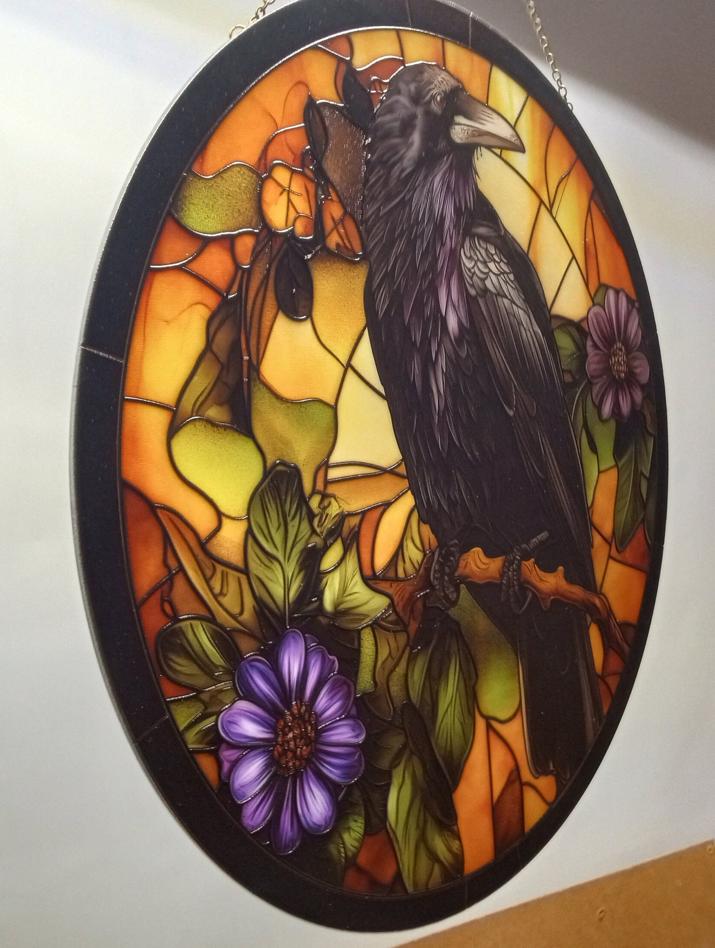 Autumn Raven: Stained Glass Style Window Hanging