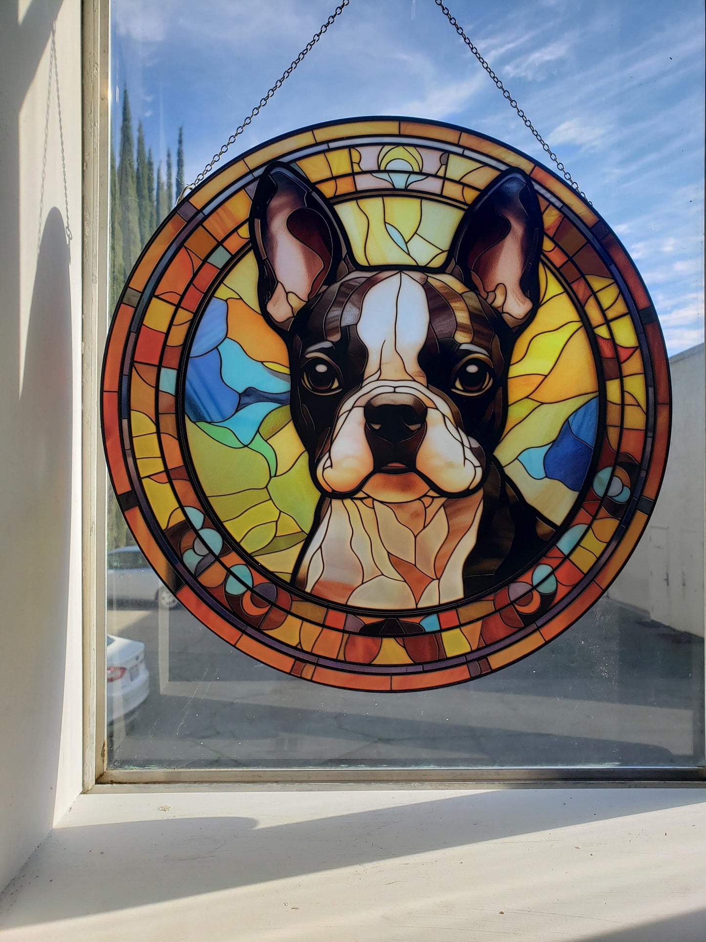 Boston Terrier: Stained Glass Style Window Hanging