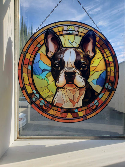 Boston Terrier: Stained Glass Style Window Hanging