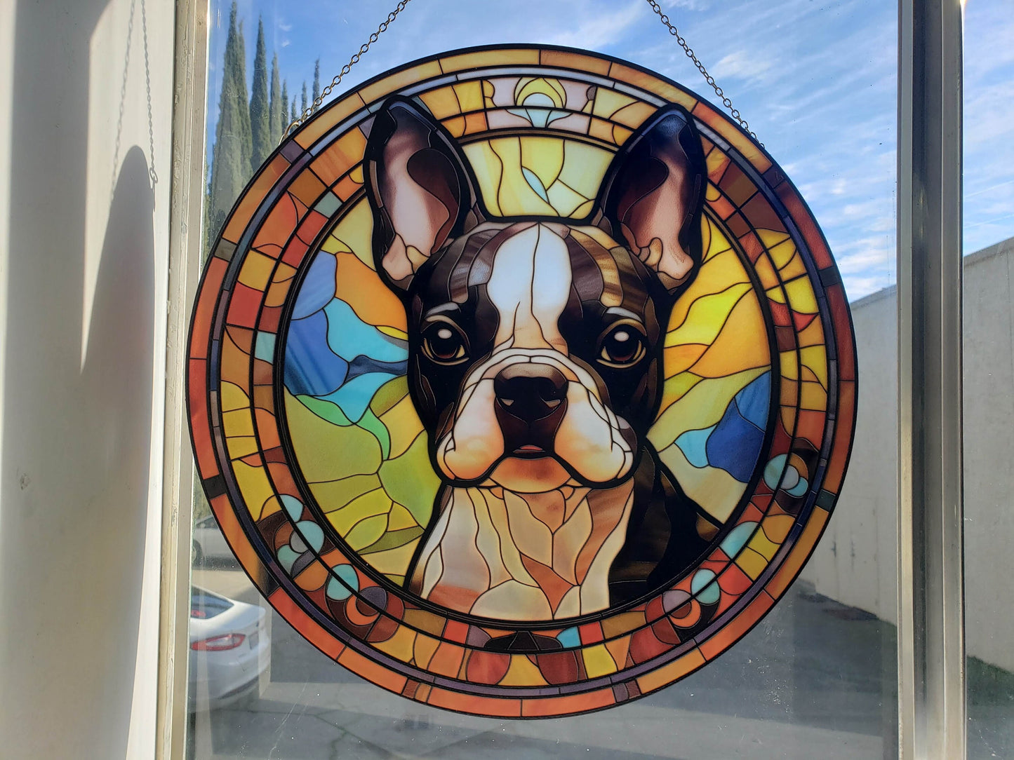 Boston Terrier: Stained Glass Style Window Hanging