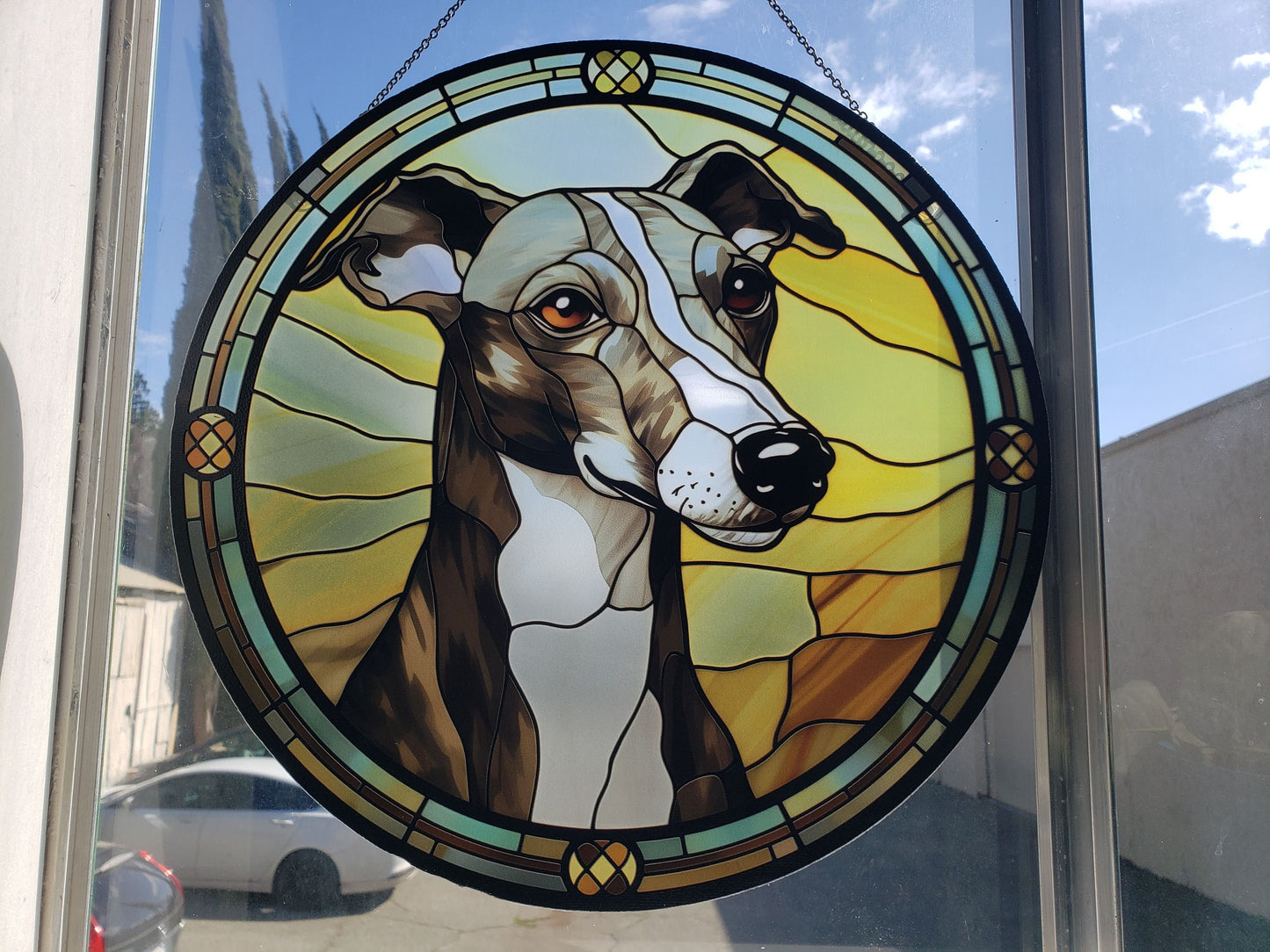 Grey Whippet: Stained Glass Style Window Hanging