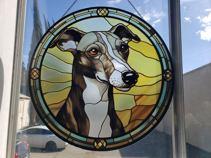 Grey Whippet: Stained Glass Style Window Hanging