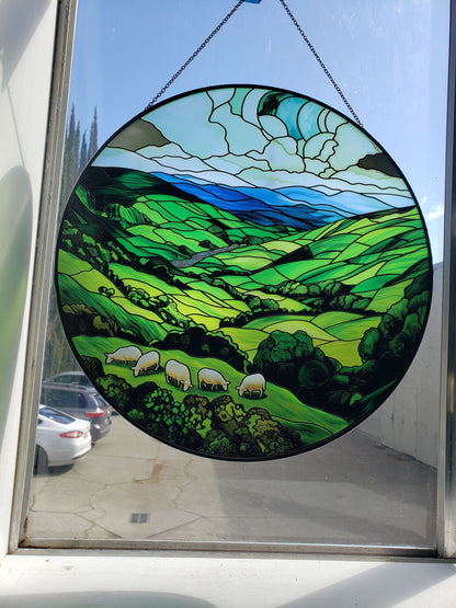 Green Irish Hills: Stained Glass Style Window Hanging