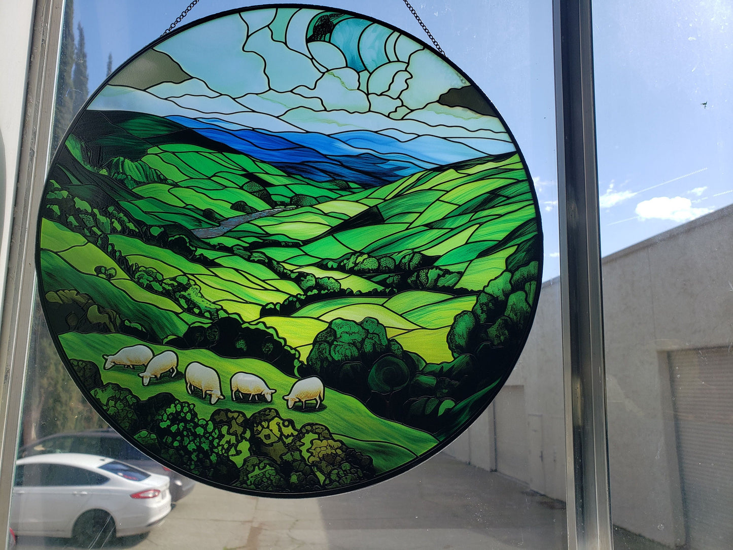 Green Irish Hills: Stained Glass Style Window Hanging