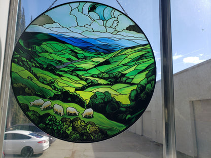 Green Irish Hills: Stained Glass Style Window Hanging