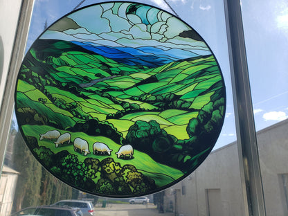 Green Irish Hills: Stained Glass Style Window Hanging